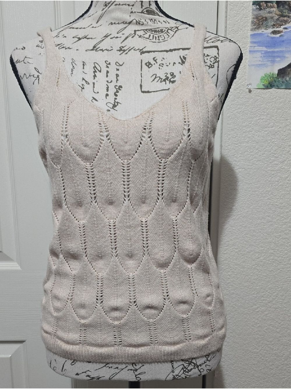 Womens Pale Pink Open Knit Crochet Tank Top Sleeveless Medium Coquette